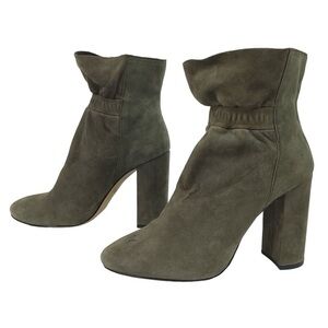 Botkier Rylie Green Suede Ankle Boots Leather Booties Block Heels